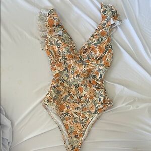 Cupshe Floral One Piece Swimsuit - Orange and Cream